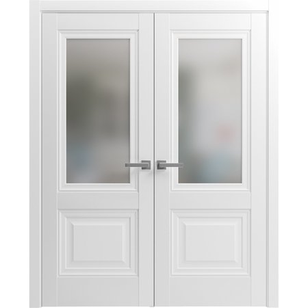 SARTODOORS Sturdy Dbl Barn Door 60 x 84in, Sete 6933 Nordic White W/ Frosted Glass, 13FT Rail Hangers Heavy Set SETE6933DB-NOR-6084